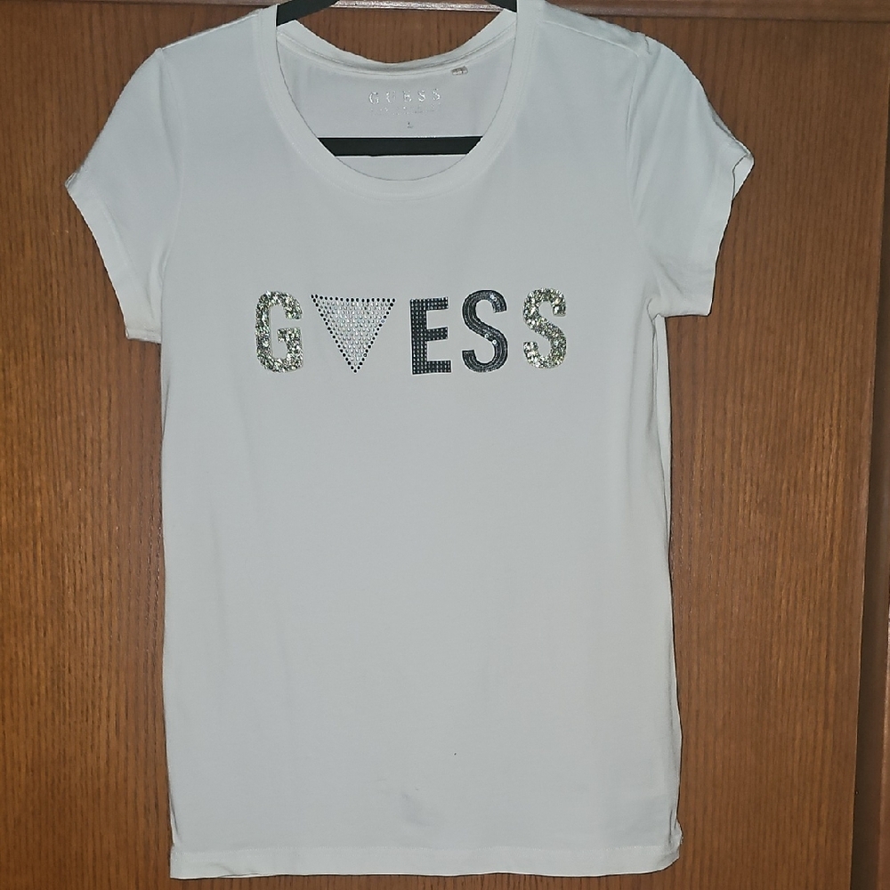GUESS White Tee with Embellished Logo